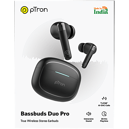 pTron Bassbuds Duo Pro TWS Earbuds, AI-ENC Calls, 38 H Playtime, BT 5.3, 50 ms Movie/Music Modes, Jet Black, 1 pc