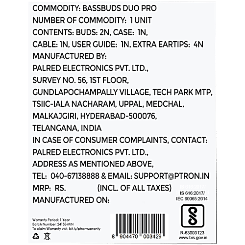 pTron Bassbuds Duo Pro TWS Earbuds, AI-ENC Calls, 38 H Playtime, BT 5.3, 50 ms Movie/Music Modes, Jet Black, 1 pc