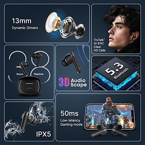 pTron Bassbuds Duo Pro TWS Earbuds, AI-ENC Calls, 38 H Playtime, BT 5.3, 50 ms Movie/Music Modes, Jet Black, 1 pc