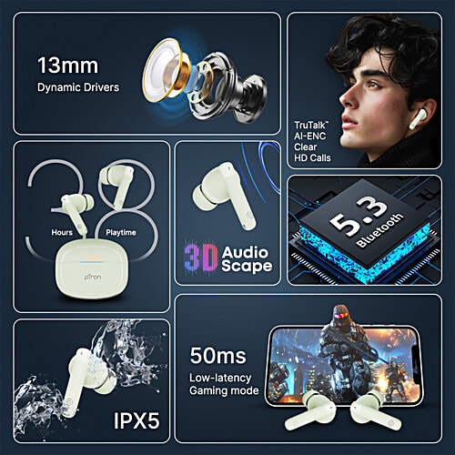 pTron Bassbuds Duo Pro TWS Earbuds, AI-ENC Calls, 38 H Playtime, BT 5.3, 50 ms Movie/Music Modes, Pastel Mint, 1 pc  