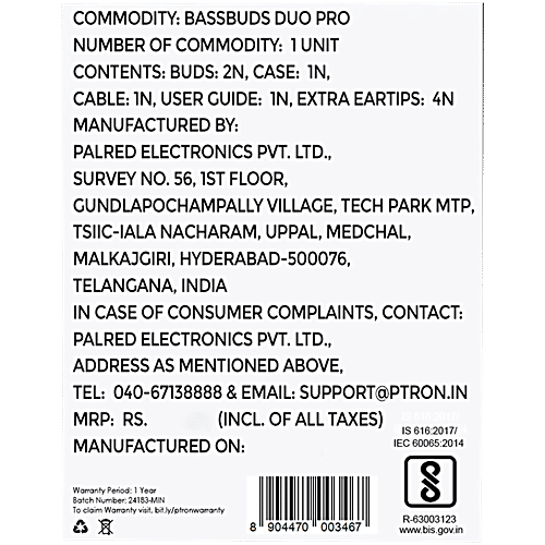 pTron Bassbuds Duo Pro TWS Earbuds, AI-ENC Calls, 38H Playtime, BT 5.3, 50 ms Movie/Music Modes, Cool Grey, 1 pc  