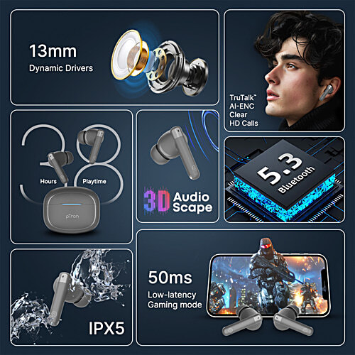 pTron Bassbuds Duo Pro TWS Earbuds, AI-ENC Calls, 38H Playtime, BT 5.3, 50 ms Movie/Music Modes, Cool Grey, 1 pc  