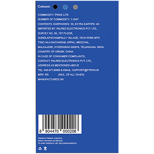 pTron Pride Lite In-Ear Wired Earphones With In-line Mic, 10 mm Drivers, 3.5 mm Aux Port & 1.2m Cable, Blue, 1 pc  