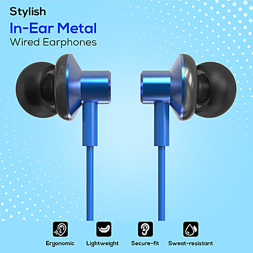 pTron Pride Lite In-Ear Wired Earphones With In-line Mic, 10 mm Drivers, 3.5 mm Aux Port & 1.2m Cable, Blue, 1 pc  