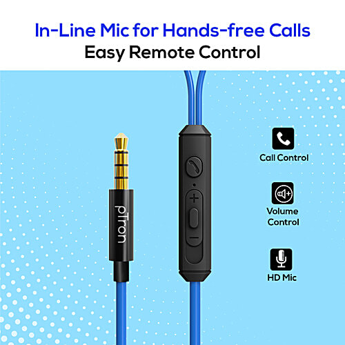 pTron Pride Lite In-Ear Wired Earphones With In-line Mic, 10 mm Drivers, 3.5 mm Aux Port & 1.2m Cable, Blue, 1 pc  