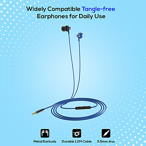 pTron Pride Lite In-Ear Wired Earphones With In-line Mic, 10 mm Drivers, 3.5 mm Aux Port & 1.2m Cable, Blue, 1 pc  