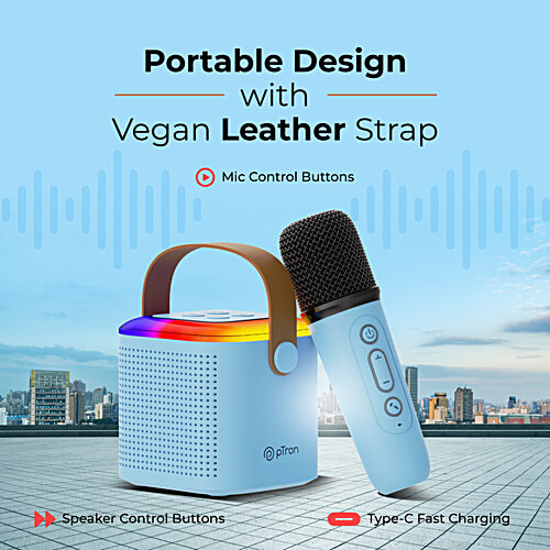 pTron Fusion Tunes 10W Mini Bluetooth Speaker With Wireless Mic, RGB Lights, 8 H Playtime, BT5.1, Blue, 1 pc  