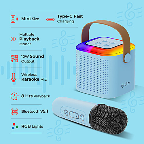 pTron Fusion Tunes 10W Mini Bluetooth Speaker With Wireless Mic, RGB Lights, 8 H Playtime, BT5.1, Blue, 1 pc  