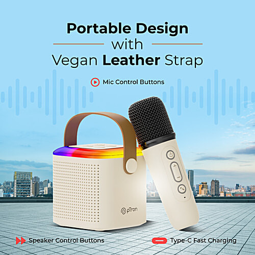 pTron Fusion Tunes 10W Mini Bluetooth Speaker With Wireless Mic, RGB Lights, 8 H Playtime, BT 5.1, Cream, 1 pc  