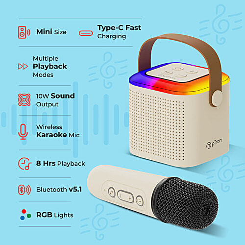 pTron Fusion Tunes 10W Mini Bluetooth Speaker With Wireless Mic, RGB Lights, 8 H Playtime, BT 5.1, Cream, 1 pc  