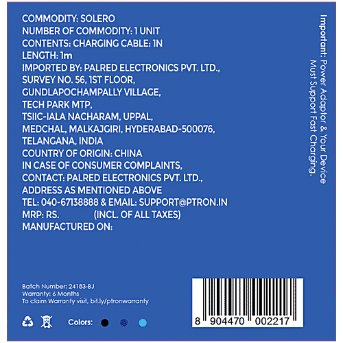 pTron Solero 65W USB To Type-C Cable, Super-Fast Charging, 480 Mbps Sync, Nylon, 1 m, Jet Black, 1 pc  