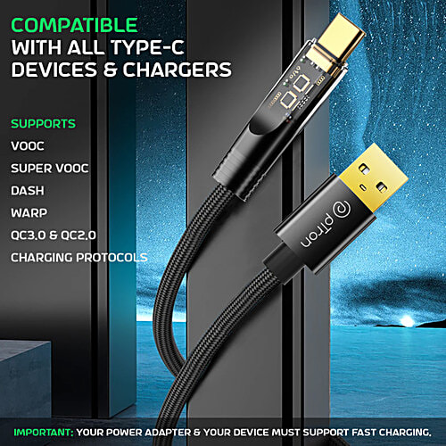 pTron Solero 65W USB To Type-C Cable, Super-Fast Charging, 480 Mbps Sync, Nylon, 1 m, Jet Black, 1 pc  