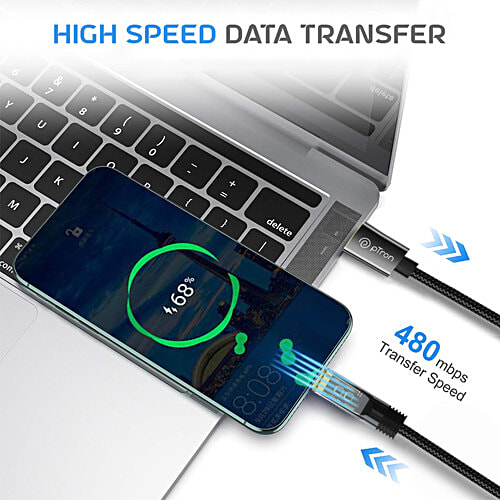 pTron Solero 65W USB To Type-C Cable, Super-Fast Charging, 480 Mbps Sync, Nylon, 1 m, Jet Black, 1 pc  