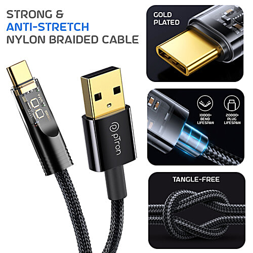 pTron Solero 65W USB To Type-C Cable, Super-Fast Charging, 480 Mbps Sync, Nylon, 1 m, Jet Black, 1 pc  