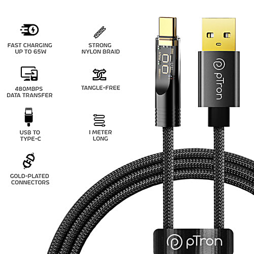 pTron Solero 65W USB To Type-C Cable, Super-Fast Charging, 480 Mbps Sync, Nylon, 1 m, Jet Black, 1 pc  