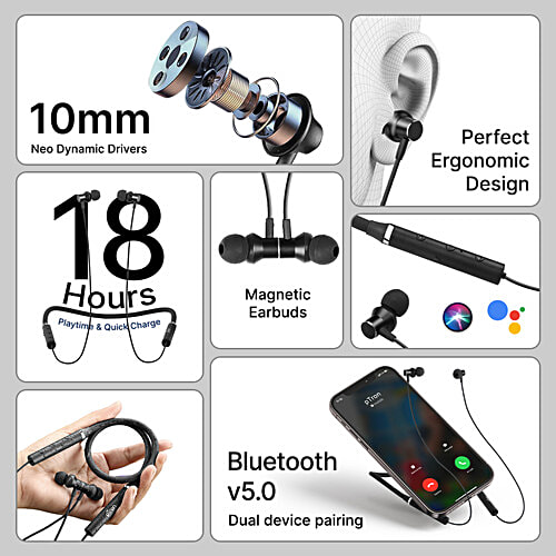 pTron Tangent Beats Wireless Neckband, Ultra-Lightweight, 10 mm Drivers, 6 H Music Time, BT 5.0, Black, 1 pc  