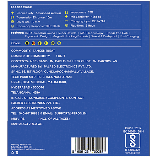 pTron Tangent Beats Wireless Neckband, Ultra-Lightweight, 10 mm Drivers, 6 H Music Time, BT 5.0, Black, 1 pc  