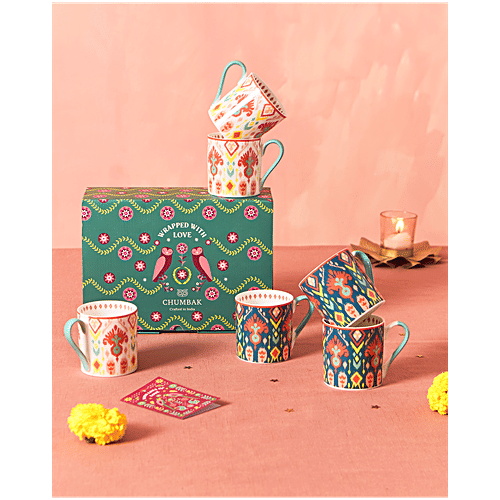 Chumbak Ikat Tea Ceramic Mugs, 200 ml (Set of 6)