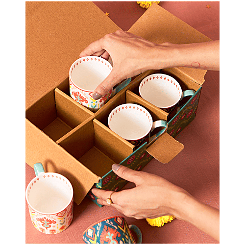 Chumbak Ikat Tea Ceramic Mugs, 200 ml (Set of 6)