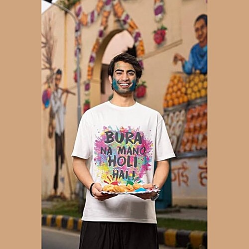 Pearlfiesta Round Neck T-Shirt - Holi Theme Printed, 1 pc (Size - XL) Holi Hai, Happy Holi