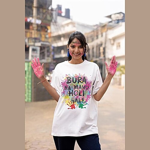 Pearlfiesta Round Neck T-Shirt - Holi Theme Printed, 1 pc (Size - XL) Holi Hai, Happy Holi