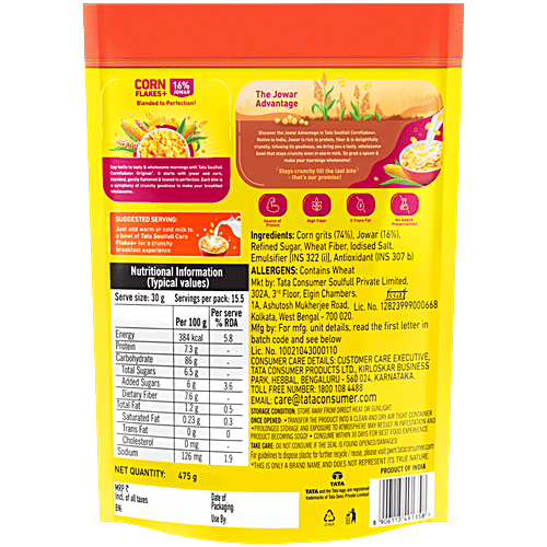 Tata Soulfull Original Crunchy Corn Flakes+ With Millet Shakti, 475 g  Baked Not Fried, High Fibre, Cholesterol Free, Source of Protein