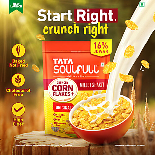 Tata Soulfull Original Crunchy Corn Flakes+ With Millet Shakti, 475 g  Baked Not Fried, High Fibre, Cholesterol Free, Source of Protein