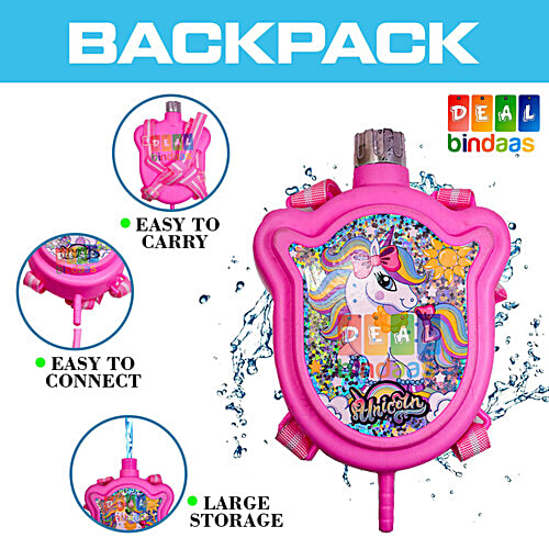 DealBindaas Aqua Blast Holi Backpack Water Pichkari Tank - Adjustable Straps, Unicorn Theme, 600 ml