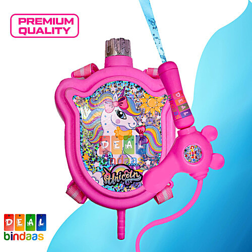 DealBindaas Aqua Blast Holi Backpack Water Pichkari Tank - Adjustable Straps, Unicorn Theme, 600 ml