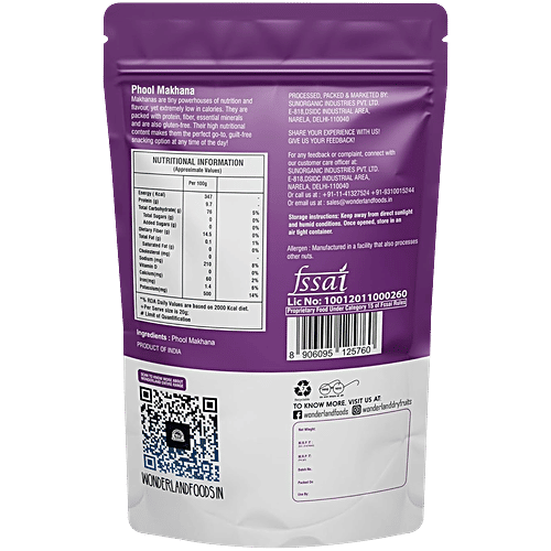 Wonderland Foods Phool Makhana Fox Nuts - Natural, 100 g Gluten Free, Rich in Calcium, Low-Calorie Snack, Loaded with Protein