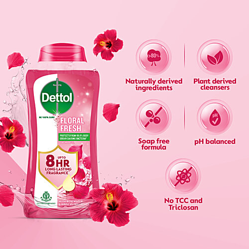 Dettol Floral Fresh Shower Gel - With Rose Water & Hibiscus Fragrance, 250 ml  Up to 8 Hour Long Lasting Fragrance