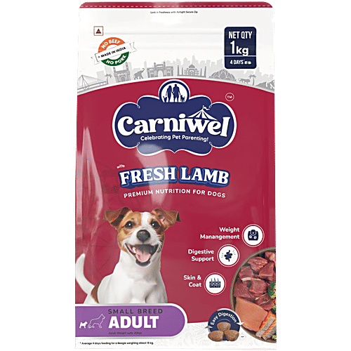 Carniwel Fresh Lamb Adult Dry Dog Food - Small Breed, 1 kg  Weight Management, Digestive Support, Skin & Coat