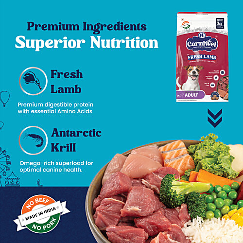 Carniwel Fresh Lamb Adult Dry Dog Food - Small Breed, 3 kg  Weight Management, Digestive Support, Skin & Coat