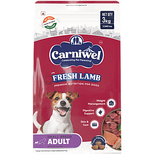 Carniwel Fresh Lamb Adult Dry Dog Food - Small Breed, 3 kg  Weight Management, Digestive Support, Skin & Coat