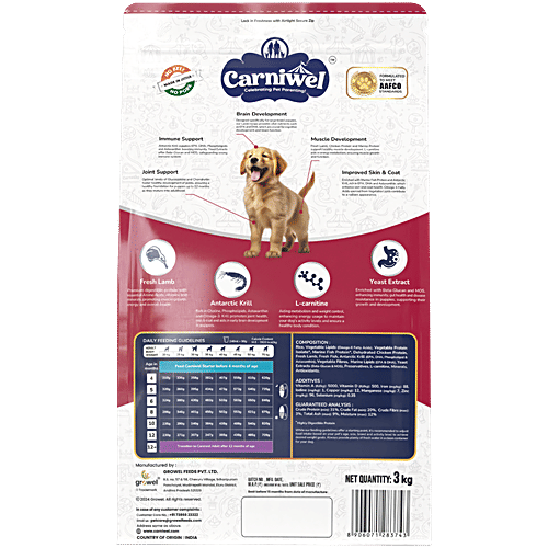 Carniwel Fresh Lamb Puppy Dry Dog Food - Large Breed, 3 kg Joint Support, Digestive & Immune Support