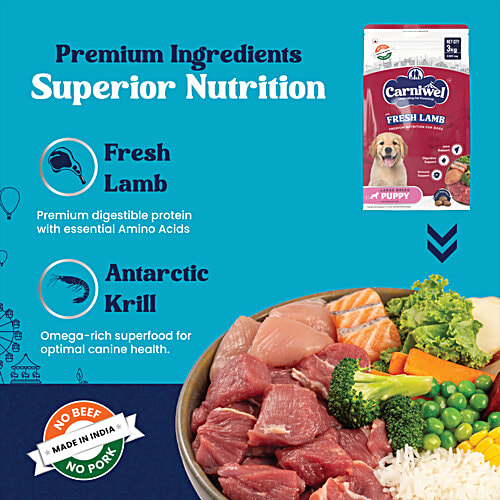 Carniwel Fresh Lamb Puppy Dry Dog Food - Large Breed, 3 kg Joint Support, Digestive & Immune Support