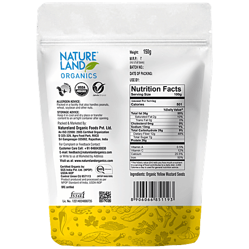 Natureland Organics Mustard Seeds Yellow, 150 g