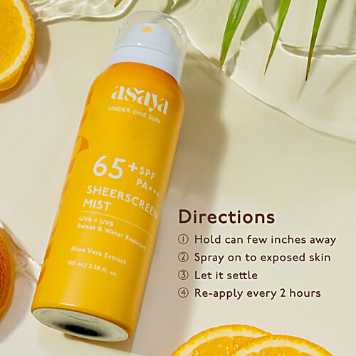 Asaya SPF 65+ PA+++ Sheerscreen Mist Spray - With Aloe Vera Extract, 100 ml  UVA + UVB Protection, Sweat & Water Resistant