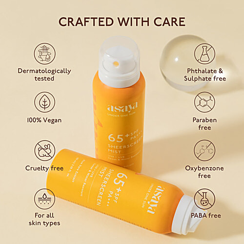 Asaya SPF 65+ PA+++ Sheerscreen Mist Spray - With Aloe Vera Extract, 100 ml  UVA + UVB Protection, Sweat & Water Resistant