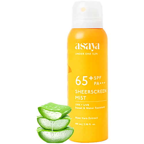 Asaya SPF 65+ PA+++ Sheerscreen Mist Spray - With Aloe Vera Extract, 100 ml  UVA + UVB Protection, Sweat & Water Resistant