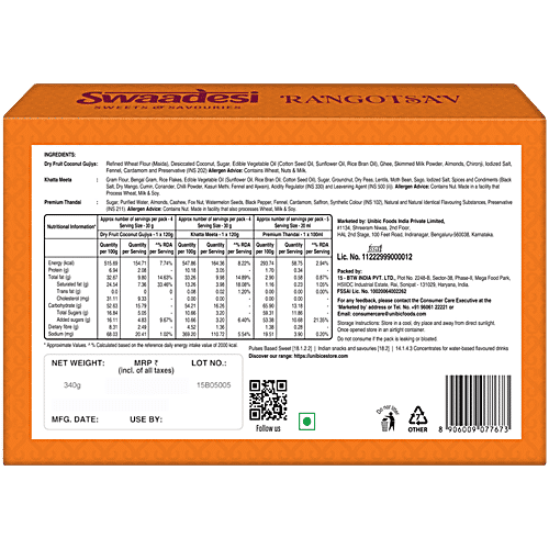 Unibic Swaadesi Rangotsav Holi Gift Box - Khatta Meetha Mix, Dry Fruit Coconut Gujiya, Thandai Mix, 340 g (120 g + 120 g + 100 ml) 