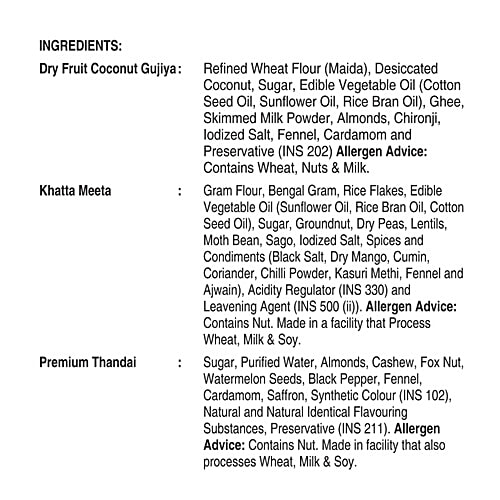 Unibic Swaadesi Rangotsav Holi Gift Box - Khatta Meetha Mix, Dry Fruit Coconut Gujiya, Thandai Mix, 340 g (120 g + 120 g + 100 ml) 