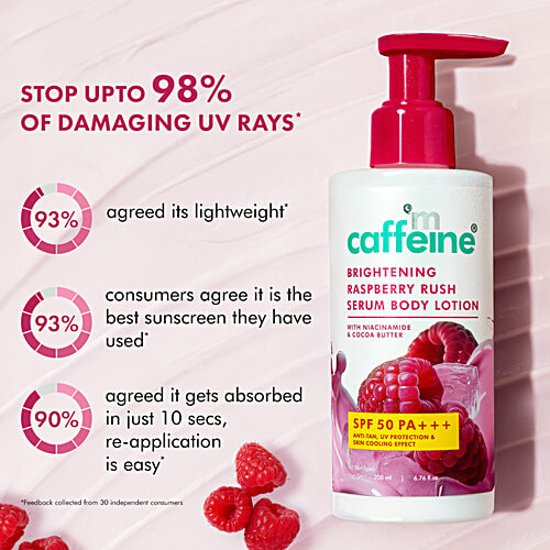 mCaffeine Brightening Raspberry Rush Serum Body Lotion - SPF 50 PA+++, 200 ml  