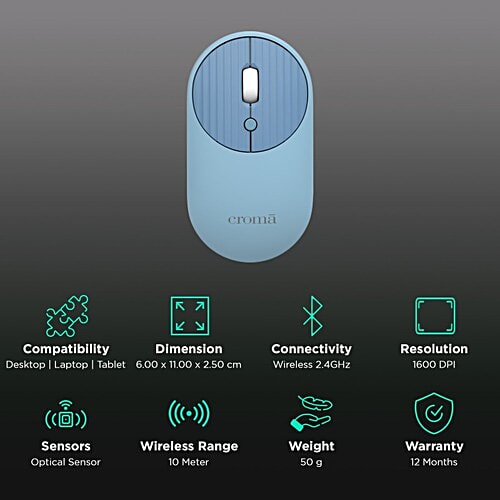 Croma Croma 2.4 GHz Wireless Optical Mouse with Power Saving Feature (1600 DPI Adjustable, Ambidextrous Design, Blue), 1 Unit  