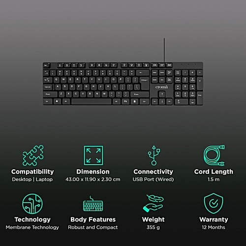 Croma Croma Wired Keyboard with Multimedia Shortcuts (Robust & Compact, Black), 1 Unit  