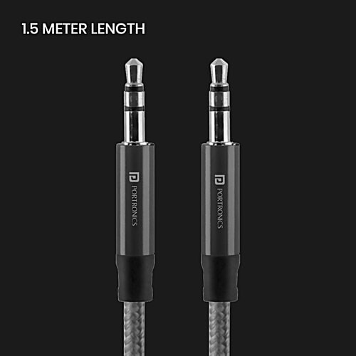 Portronics Aux 5 Stereo Audio AUX Cable - 1.5 m Length, 3.5 mm Metal Head Connector, Grey, 1 pc Nylon Braided with Universal Compatibility
