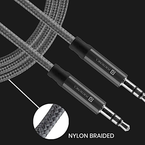 Portronics Aux 5 Stereo Audio AUX Cable - 1.5 m Length, 3.5 mm Metal Head Connector, Grey, 1 pc Nylon Braided with Universal Compatibility