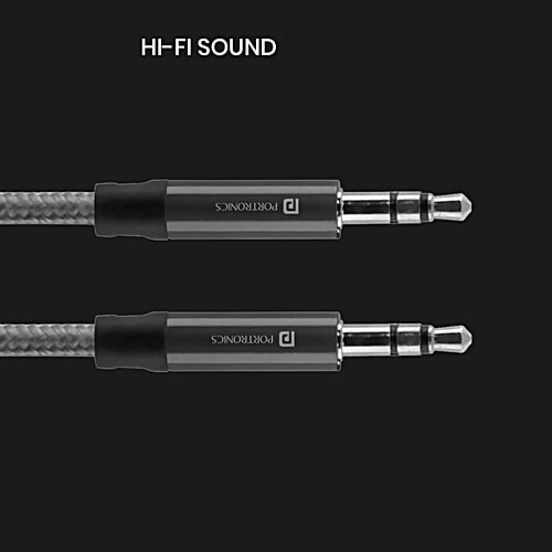 Portronics Aux 5 Stereo Audio AUX Cable - 1.5 m Length, 3.5 mm Metal Head Connector, Grey, 1 pc Nylon Braided with Universal Compatibility