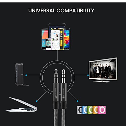 Portronics Aux 5 Stereo Audio AUX Cable - 1.5 m Length, 3.5 mm Metal Head Connector, Grey, 1 pc Nylon Braided with Universal Compatibility
