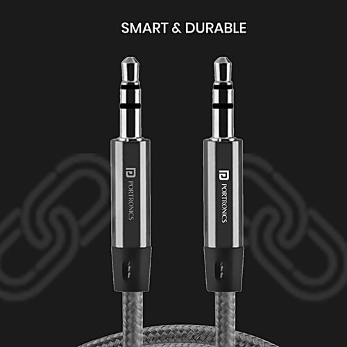 Portronics Aux 5 Stereo Audio AUX Cable - 1.5 m Length, 3.5 mm Metal Head Connector, Grey, 1 pc Nylon Braided with Universal Compatibility